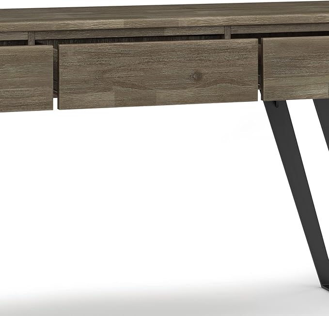 SIMPLIHOME Lowry SOLID ACACIA WOOD and Metal 60 Inch Wide Modern Industrial Console Sofa Table in Distressed Grey, For the Living Room Entryway and Bedroom