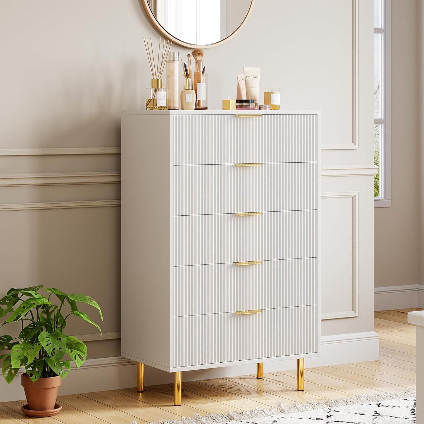 GAOMON 5 Drawer Dresser, Wood Chest of Drawers Organizer Storage with Gold Handle, Tall Storage Cabinet, Modern Design Dresser for Bedroom, Living Room, Closet, Hallway, Entryway, White