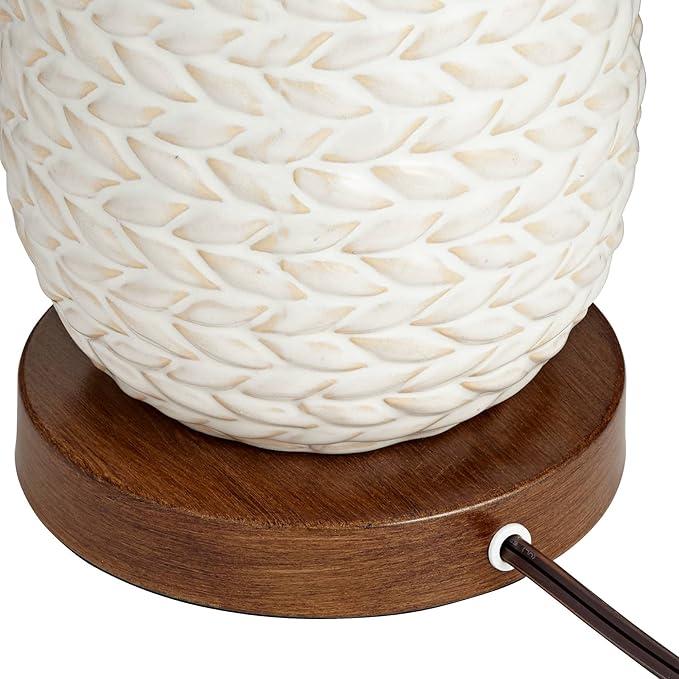 Possini Euro Design Kingston Mid Century Modern Table Lamps 32 3/4" Tall Set of 2 White Textured Ceramic Taupe Drum Shade Decor for Bedroom Living Family Room Bedside Nightstand House Home Office