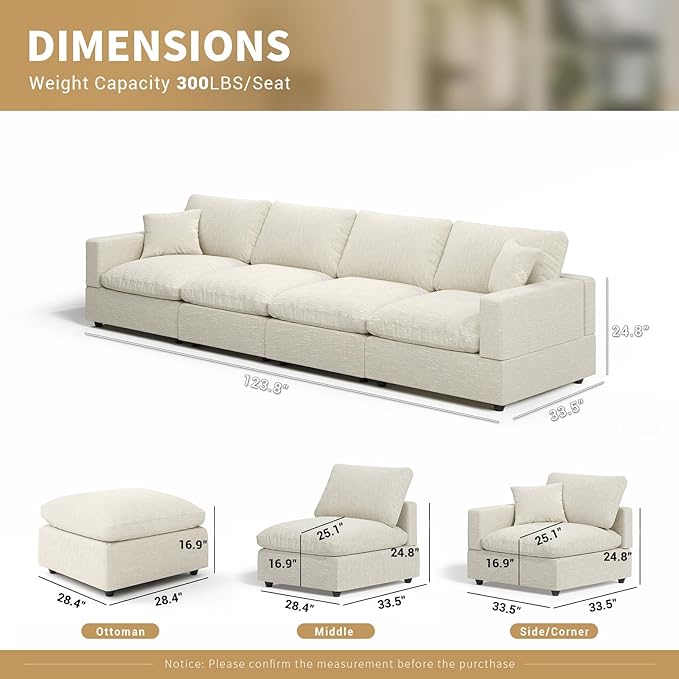 Modern Sectional Linen Couch for Living Room,4 Seat Modular Cloud Sofas,Detachable Couch Cushion Covers,Cozy Feather Down Sofa for Apartment Beige