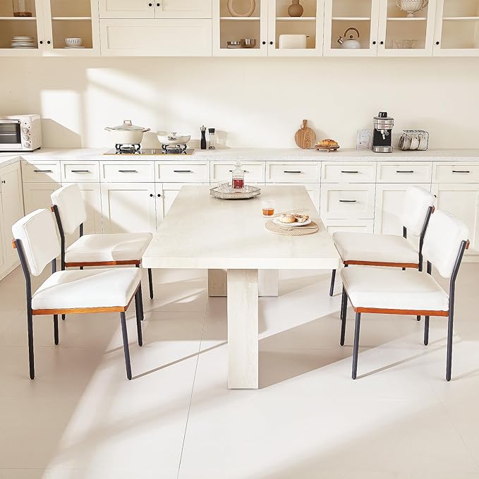 Modern Dining Chairs Set of 4, Kitchen Chairs with Thick Cushions and Adjustable Foot Pads, Upholstered Fabric Dining Room Chairs with Sturdy Metal Legs,White