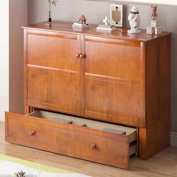 Mjkone Murphy Bed Queen Cabinet Bed with Tri-fold Mattress and Built-in USB Charging & 2 Drawers & Bedside Panel, Hidden Guest Beds, Murphy Cube Chest Cabinet Beds for Bedroom/Apartment - Cherry