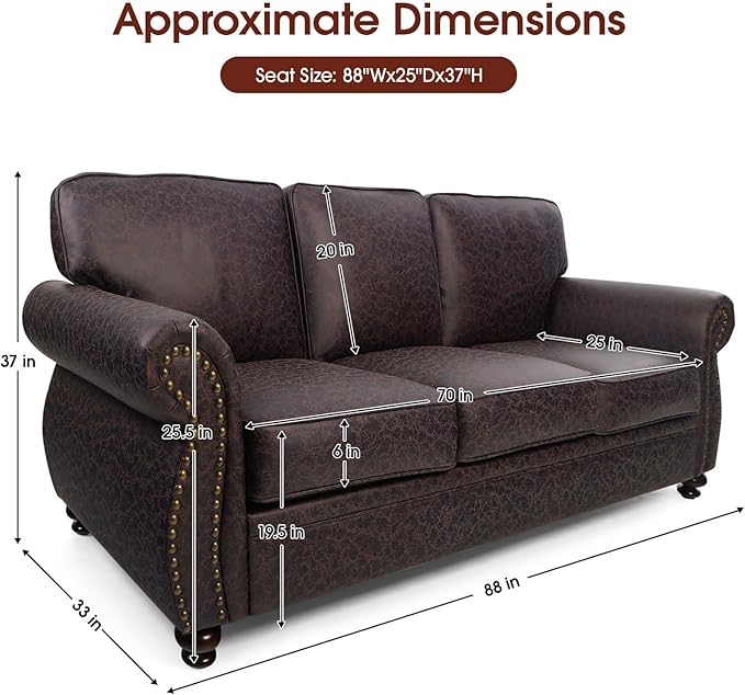 Mid-Century Vintage Sofa Couches with Rivet Design,3-Seater Sofa,Removable Sofa Cover Upholstered Cushions and Solid Wood Frame (Brown, 3-Seater)