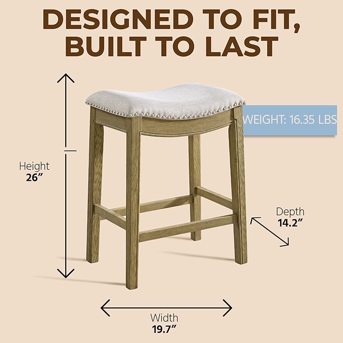 ROME + OAK Parker 26 Inch Counter Stool, Backless Saddle Kitchen Barstool in Natural Wood Finish with Wheat Cream Fabric Upholstery Cushion Seat