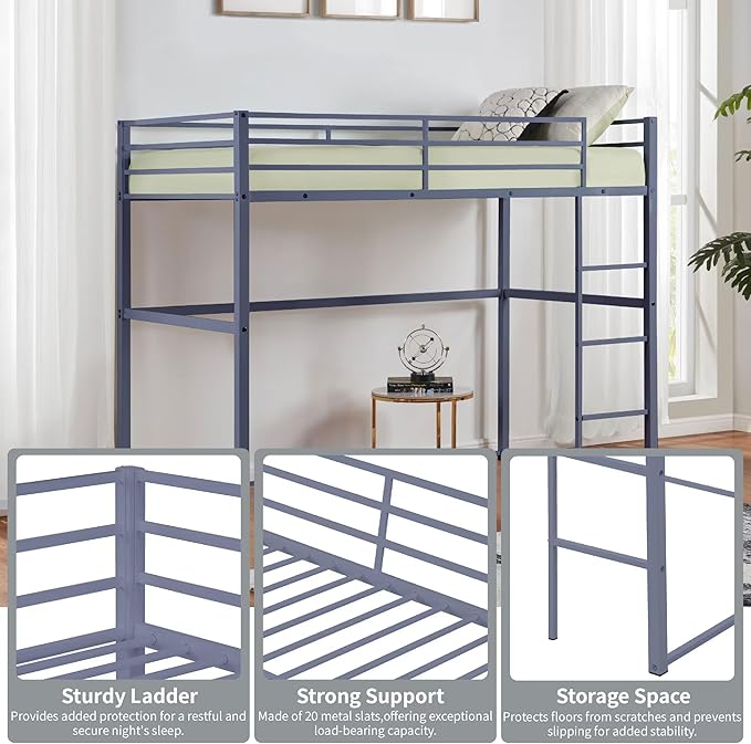 Metal Loft Bed Full Size, Loft Bed Frame with Safety Guard Rails & Flat Ladder, Twin Loft Bed for Kids Teens Adults, Gray