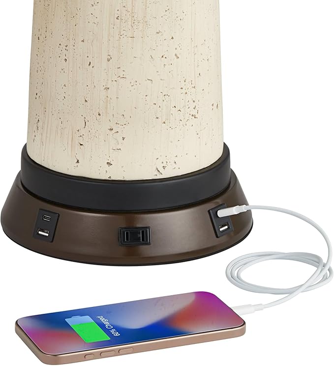 Possini Euro Design Cosgrove Mid Century Modern Coastal Table Lamp with USB and AC Power Outlet Workstation Charging Base Oval 32.75" Tall White Ceramic Beige Fabric Drum Shade for Living Room