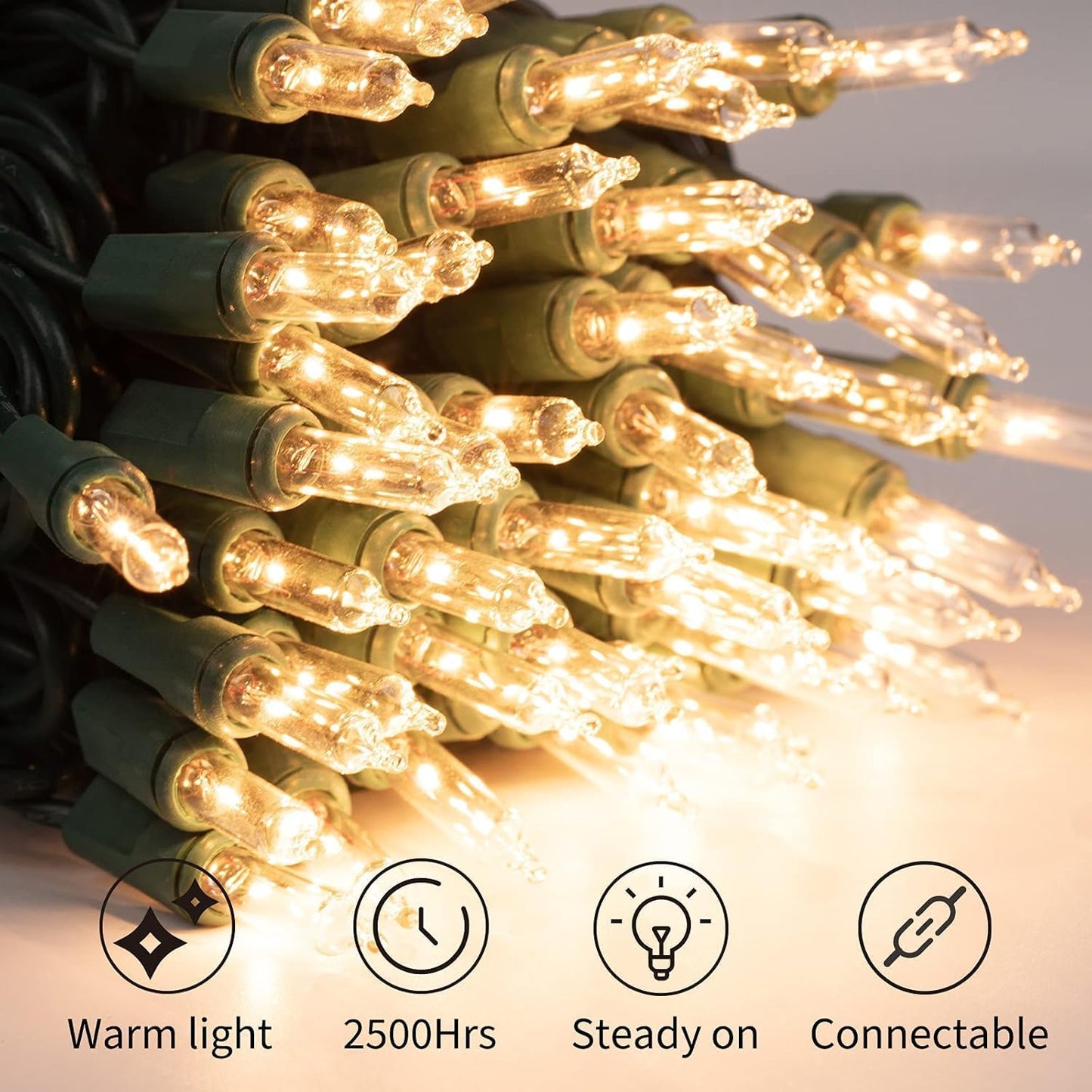 Brightown Clear Christmas String Lights, 100-Count 25ft Incandescent Bulb Mini Lights for Indoor Holiday Decor, Christmas Tree Garland Wedding Party Multi-Use Festival Decoration, Green Wire