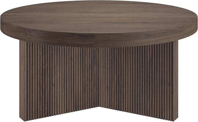 Henn&Hart 32" Fluted Round Low-Profile Coffee Table with Ribbed Pedestal Base Living Room, Family Room, Office, or Apartment, Alder Brown