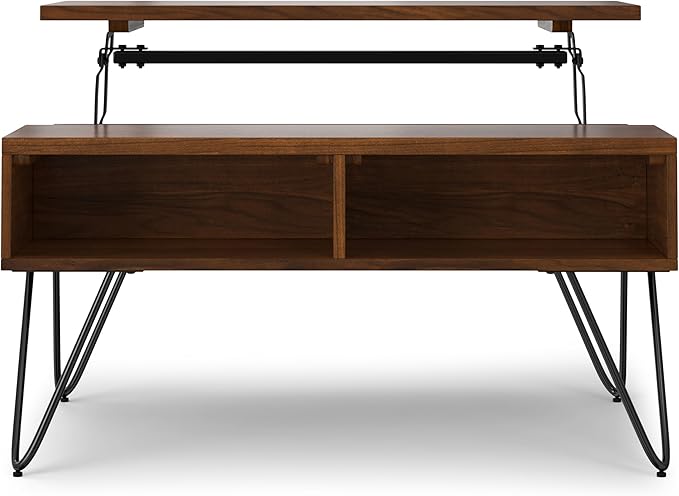 SIMPLIHOME Hunter Small Lift Top Coffee Table - 36 inch Wide Solid Walnut Veneer and Metal Industrial Cocktail Table, Living Room Table with Hidden Storage, 2 Cubbies, and Hairpin Legs