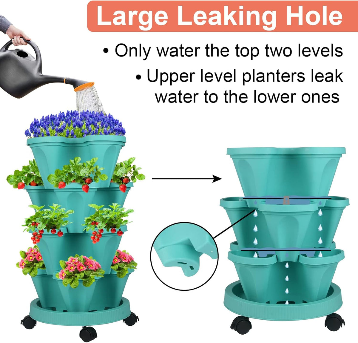 DUNCHATY Stackable Planter, Vertical Garden Planter with Wheels and Tools, Self Watering Strawberry Planter Indoor/Outdoor 4 Tier Herb Planter Pots for Growing Vegetables and Succulents, Teal