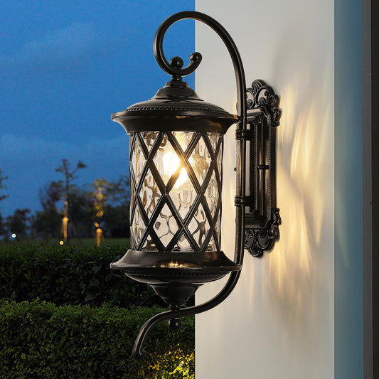 Retro Large Outdoor Wall Lanterns 24" Exterior Light Fixtures Coach Light Waterproof Aluminium with Water Glass Outside Wall Lamps for House Front Door Garage Porch Lighting, Black