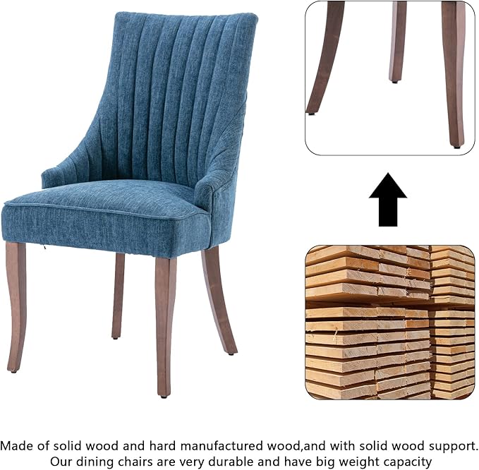 mikibama Linen Dining Chairs Set of 2 Channel Tufted Kitchen Dinner Chair Comfy Fabric Upholstered Accent Chair for Dining Room with Solid Wood Legs (Blue)