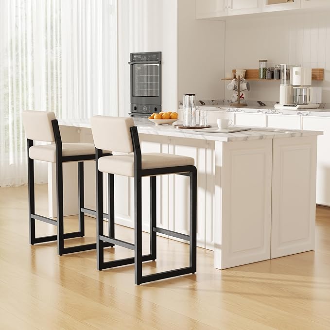 Bar Stools Set of 2, Fabric Counter Height Bar Stools with High Back and Metal Legs, Upholstered Bar Chairs, 26" Modern Barstools for Kitchen Island, Camel