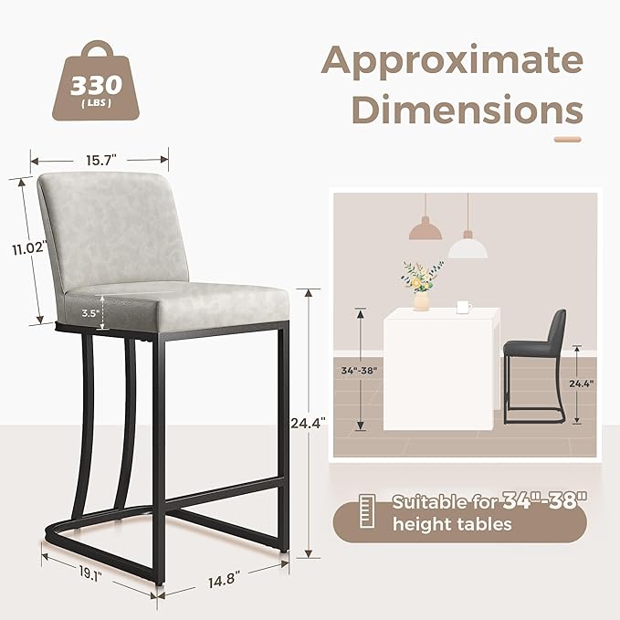 MAISON ARTS Counter Height Bar Stools with Back Set of 4 for Kitchen Counter, 24 Inch Modern Upholstered Faux Leather Barstools Farmhouse Bar Chairs Luxury Island Stools Support 330LBS, Light Grey