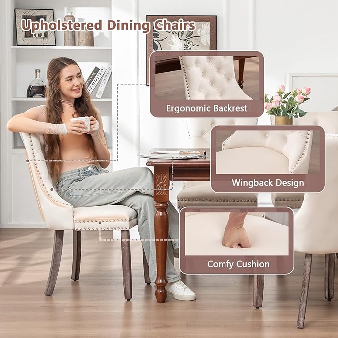 Velvet Dining Chairs Set of 4, Upholstered Dining Room Chairs with Nailhead Ring Pull Trim, Button Tufted Wing Back Chairs for Dining with Solid Wood Legs for Kitchen Dining Room(Beige)