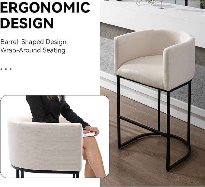 Contemporary Cream Linen Bar Stools Set of 4, 32" Upholstered Fabric Counter Height Bar Stools Kitchen Counter Island Stools with Black Metal Base
