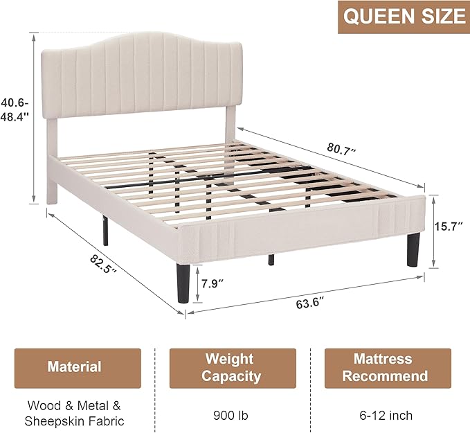 VECELO Queen Size Bed Frame Upholstered Platform Beds with Height-Adjustable Teddy Fabric Headboard, Strong Wood Slats 7.9'' Under Bed Storage Space Noise-Free No Box Spring Needed, Beige