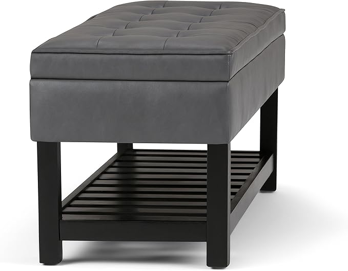 SIMPLIHOME Cosmopolitan Storage Ottoman Bench - 44 inch Wide Upholstered Vegan Leather Rectangle Storage Ottoman in Stone Grey, Transitional Bench for Bedroom with Tufted Lift-Top and Open Shelf