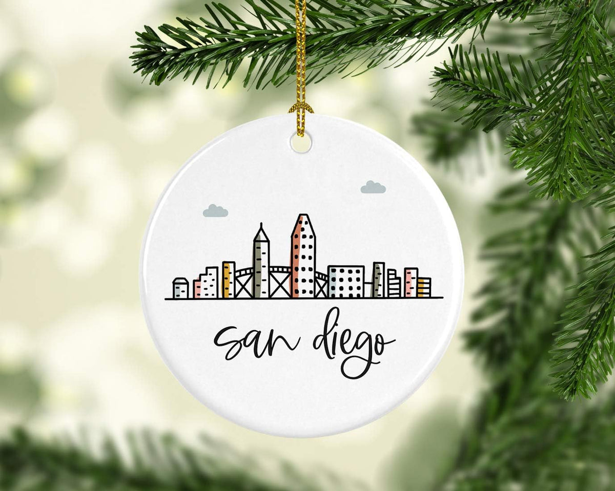 Andaz Press Round Ceramic Porcelain Christmas Tree Ornament Keepsake, San Diego Colorful City Skyline Graphic, 1-Pack, Birthday Gift Ideas Family Coworker Him Her, Includes Gift Box