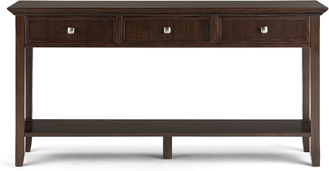 SIMPLIHOME Acadian Console Table - 60 Inch Wide Solid Wood Sofa Table in Brunette Brown, Transitional Storage Table for Entryway or Living Room with 3 Drawers and Open Bottom Shelf