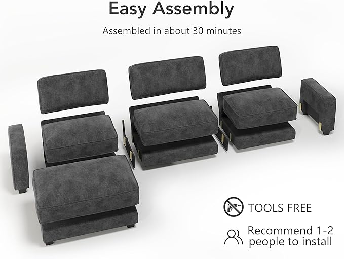 Sunny Heart 120" L-Shaped Modular Sectional Sofa, Oversized Cloud Couch with Movable Ottoman, 4-Seat Chenille Deep Seat Sofa with Pillow, Sectional Couches for Living Room, Apartment, Dark Grey