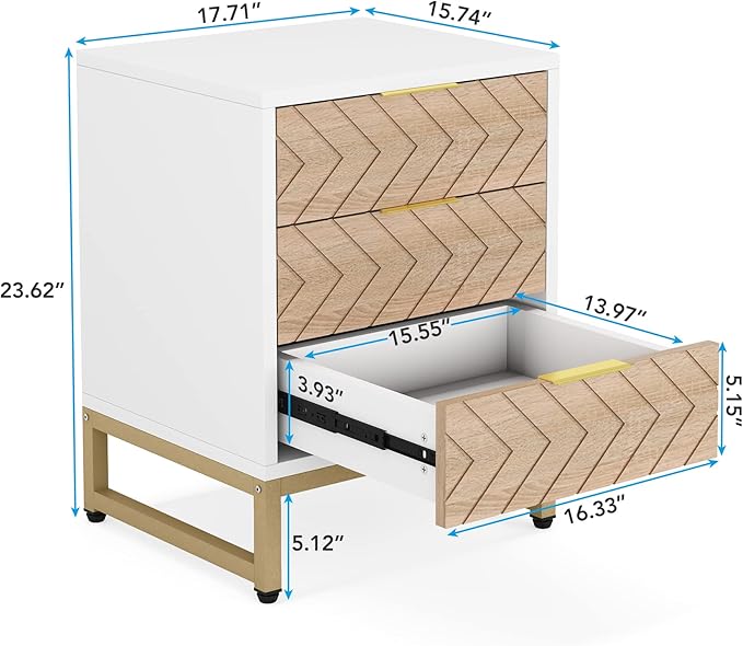 Tribesigns 3 Drawers Nightstand, 2Pcs Modern White and Gold Bedside Table with Metal Legs for Bedroom, Living Room, Apartment