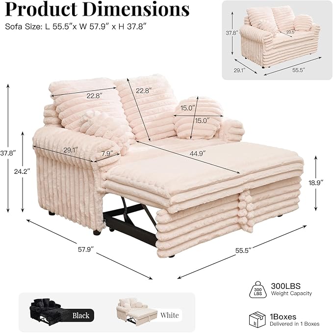 Belffin Upholstered Chaise Lounge Pull Out Sofa Bed with Pillows Couch Bed Sofa Pull Out Couch Sleeper Chair with Rolled Armrests for Living Room Plush Corduroy (Pink)