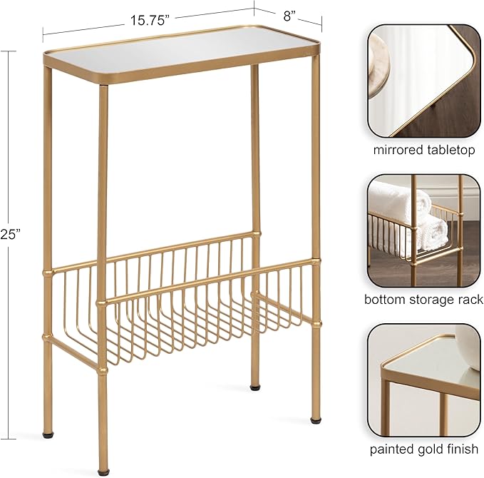 Kate and Laurel Trubey Modern Mirrored Rectangle Narrow Side Table, 16 x 8 x 25, Gold, Modern Glam Slim End Table with Bottom Wire Storage Rack and Mirrored Tabletop