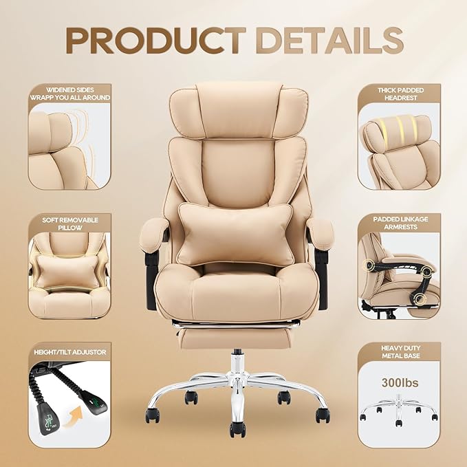 COLAMY Office Chair with Retractable Footrest, Ergonomic High Back Design Executive Computer Desk Chair with Removable Lumbar Pillow, 90-135°Reclining, Thick Bonded Leather for Home Office Work, Khaki