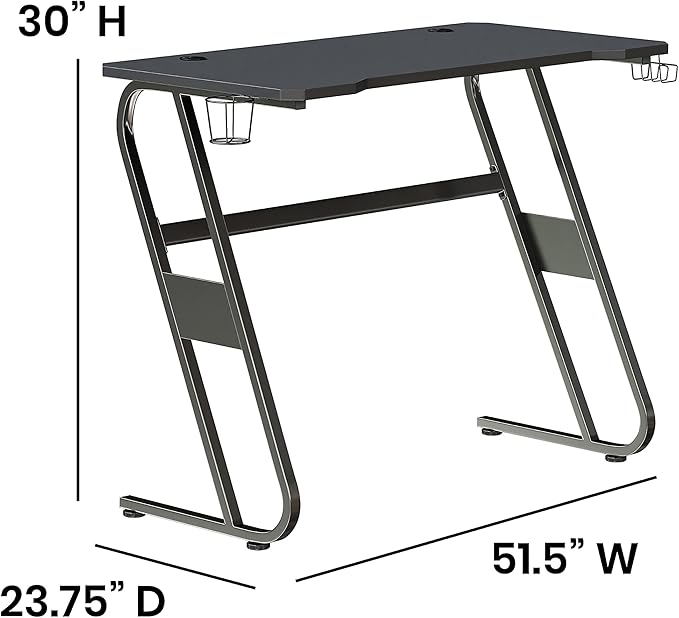 Flash Furniture Fisher Gaming Desk - Black Ergonomic Computer Desk - 51.5" Gamers Table with Cup Holder and Headphone Hook