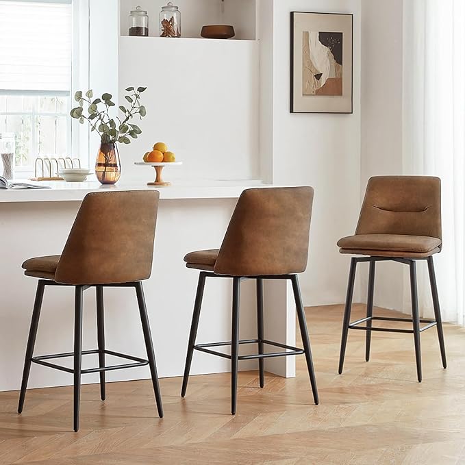 Coffee Counter Height Bar Stools Set of 3, 26 Inch Seat Height with Back and Metal Legs, 360° Swivel Upholstered Faux Leather Swivel Bar Stools
