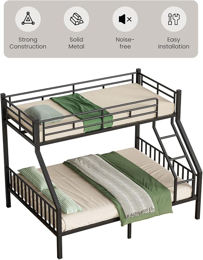 Twin XL Over Queen Bunk Bed for Adults, Heavy Duty Metal Bunk Beds with Safety Guardrails & EVA Padded Ladder, Twin XL Over Queen Bunk Beds Frame with Noise-Free Slats, Space-Saving(Black)