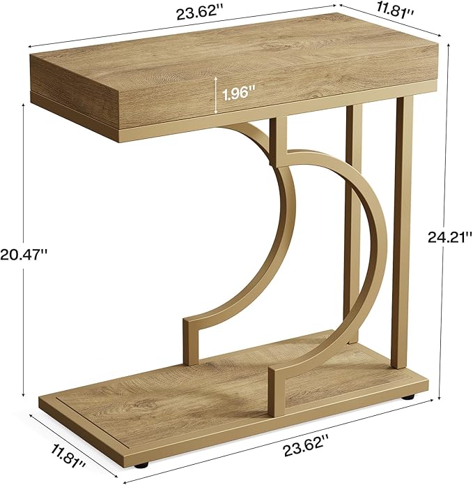 Tribesigns Narrow Side Table C Shaped End Table Modern Bedside Tables for Couch, Small Sofa Chairside Tables with Metal Frame for Living Room (2, Natural+Wood Tones)