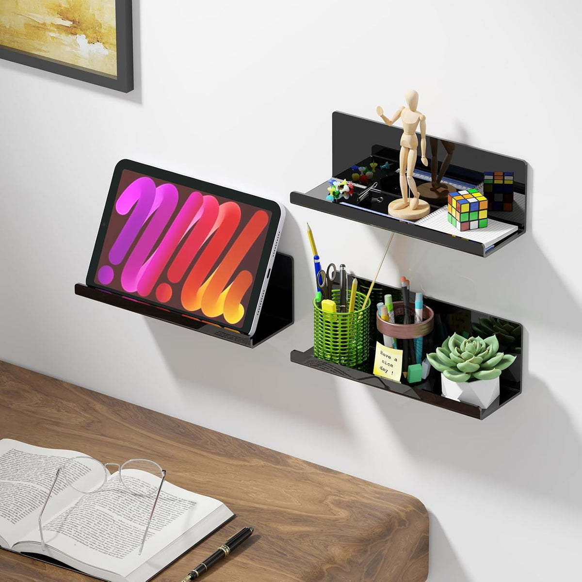 Acrylic Floating Shelves for Wall No Drilling, Self Adhesive Space-Saving Shelves, 12 Inch Floating Shelf Stick on Wall Shelf, for Bathroom, Kitchen, Bedroom, Office, Gaming Room, Black