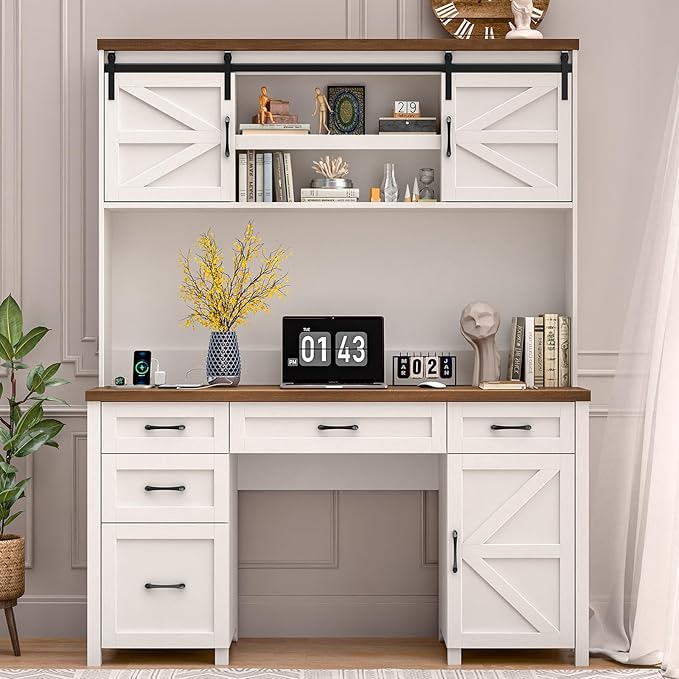Farmhouse 67" H Executive Desk with Hutch,Office Desks with 5 Drawers, Computer Desk with Storage Cabinet & File Drawers and Charging Station, Wood Workstation for Home Office,Study.(Unique White).