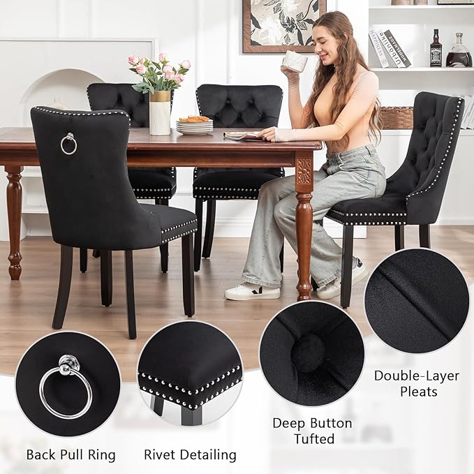Velvet Dining Chairs Set of 6, Tufted Dining Room Chairs with Nailhead Ring Pull Trim, Upholstered Dining Chairs with Solid Wood Legs for Kitchen Dining Room, Sillas De Comedor (Black)