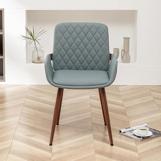 LUNLING Mid Century Modern Faux Leather Dining Room Chairs,Upholstered Seat Metal Legs Chairs Blue Faux Leather Kitchen Chair Reception Room Chair,1PCS