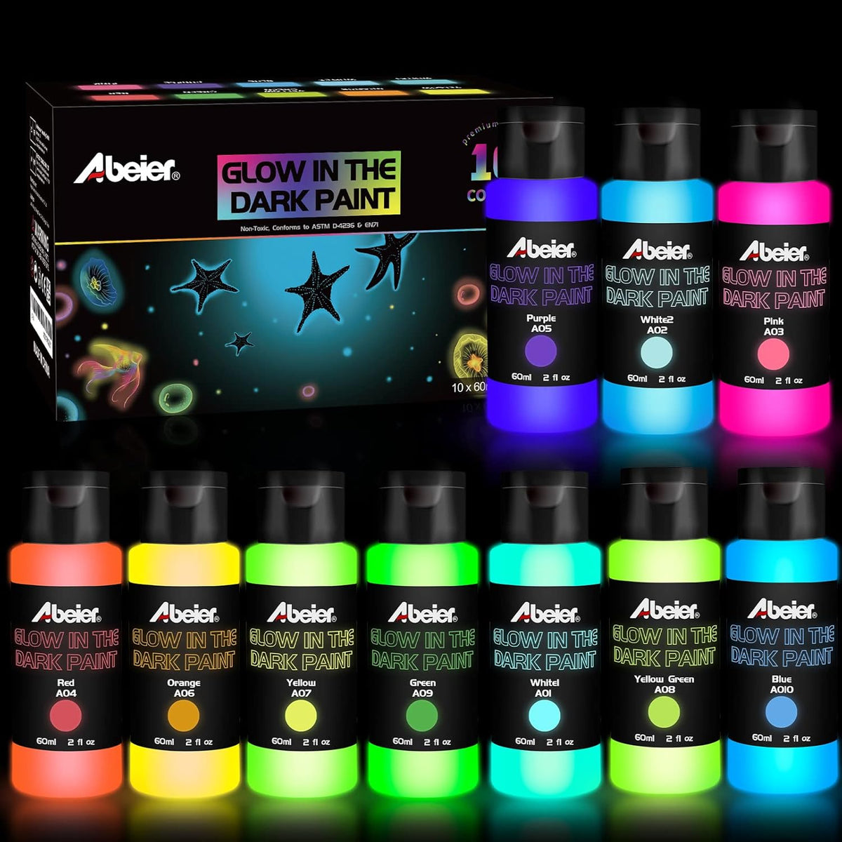ABEIER Glow in the Dark Acrylic Paint - 10 Bright Colors (60ml/2oz) Long Lasting Glow Fluorescent Paint for DIY Projects, Halloween, Easter, Christmas Decorations