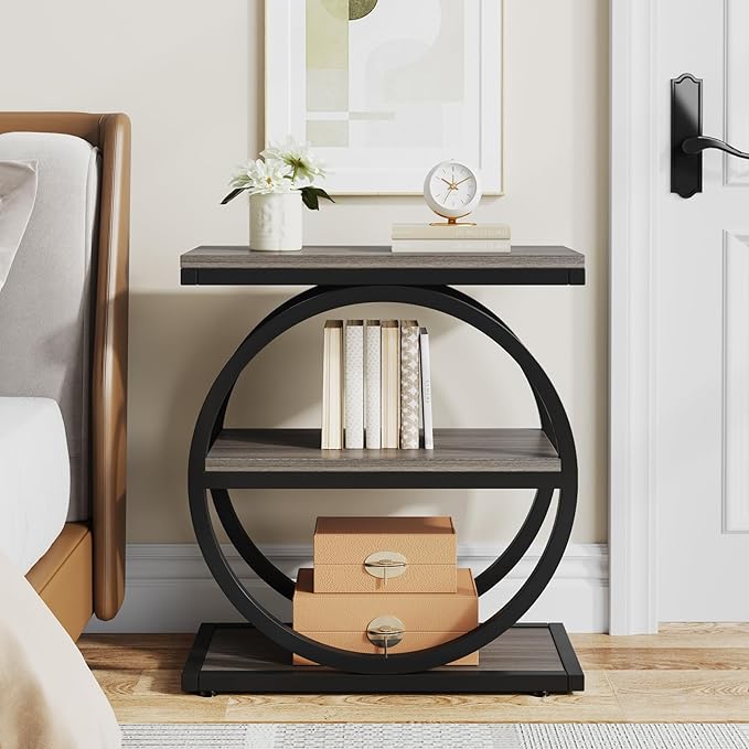 LITTLE TREE 3-Tier End Table Set 2, Grey Side End Table with Storage Shelves, Small Sofa Side Table for Living Room, Slim Nightstand and Bedside Table with Black Double Round Metal Legs