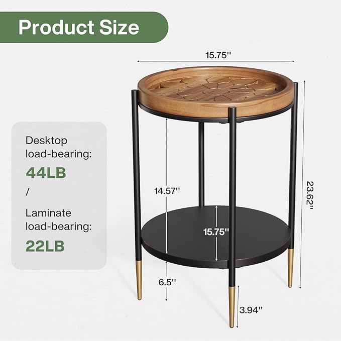 Tribesigns Round Side Table Set of 2, 2-Tier End Table with Solid Wood and Metal, Industrial Nightstand for Small Spaces, Living Room, Bedroom, Study Room (Rustic Brown)