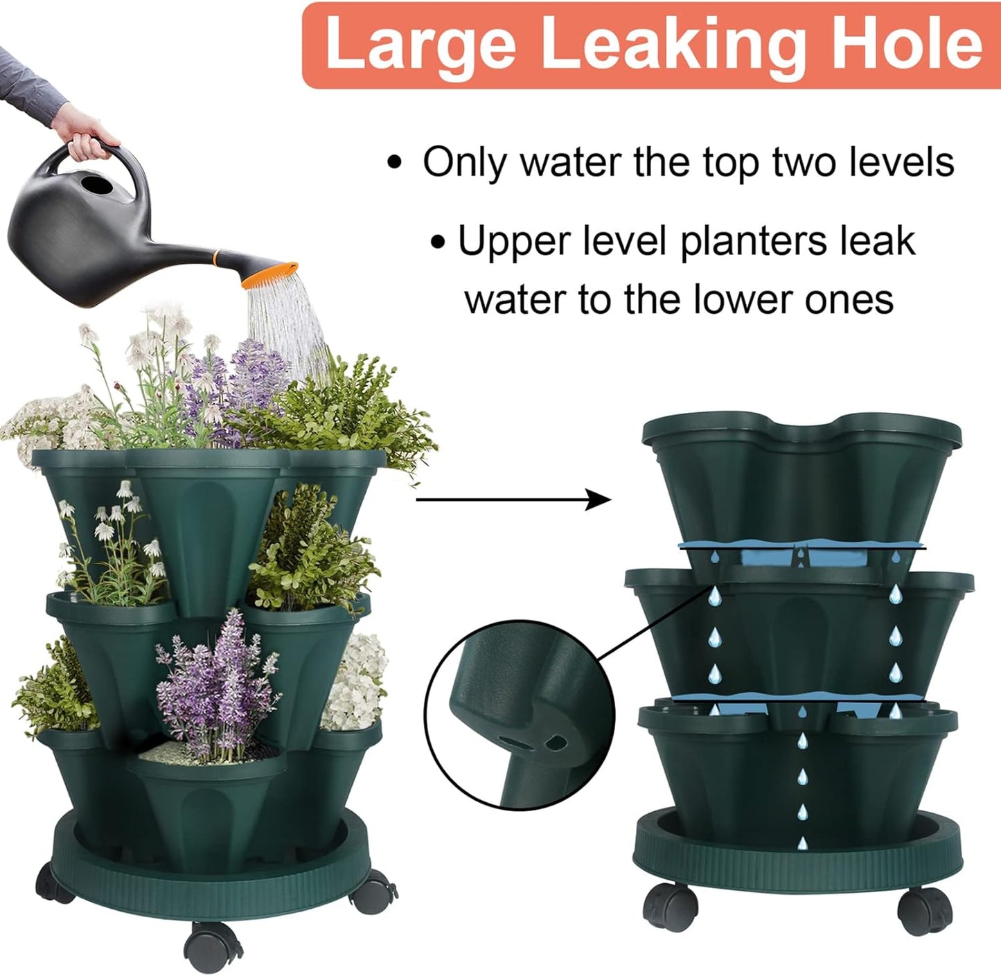 DUNCHATY Stackable Planter, Vertical Garden Planter with Wheels and Tools, Self Watering Strawberry Planter Indoor/Outdoor 3 Tier Herb Planter Pots for Growing Vegetables and Succulents,Pine Green