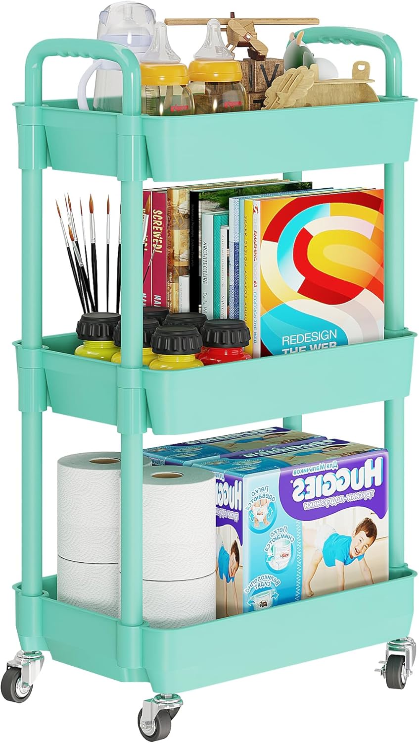 Laiensia 3-Tier Rolling Cart with Wheels,Multifunction Utility Storage carts, Kitchen Storage Organizer,Mobile Shelving Unit for Bathroom,Laundry,with Classified Stickers,Green