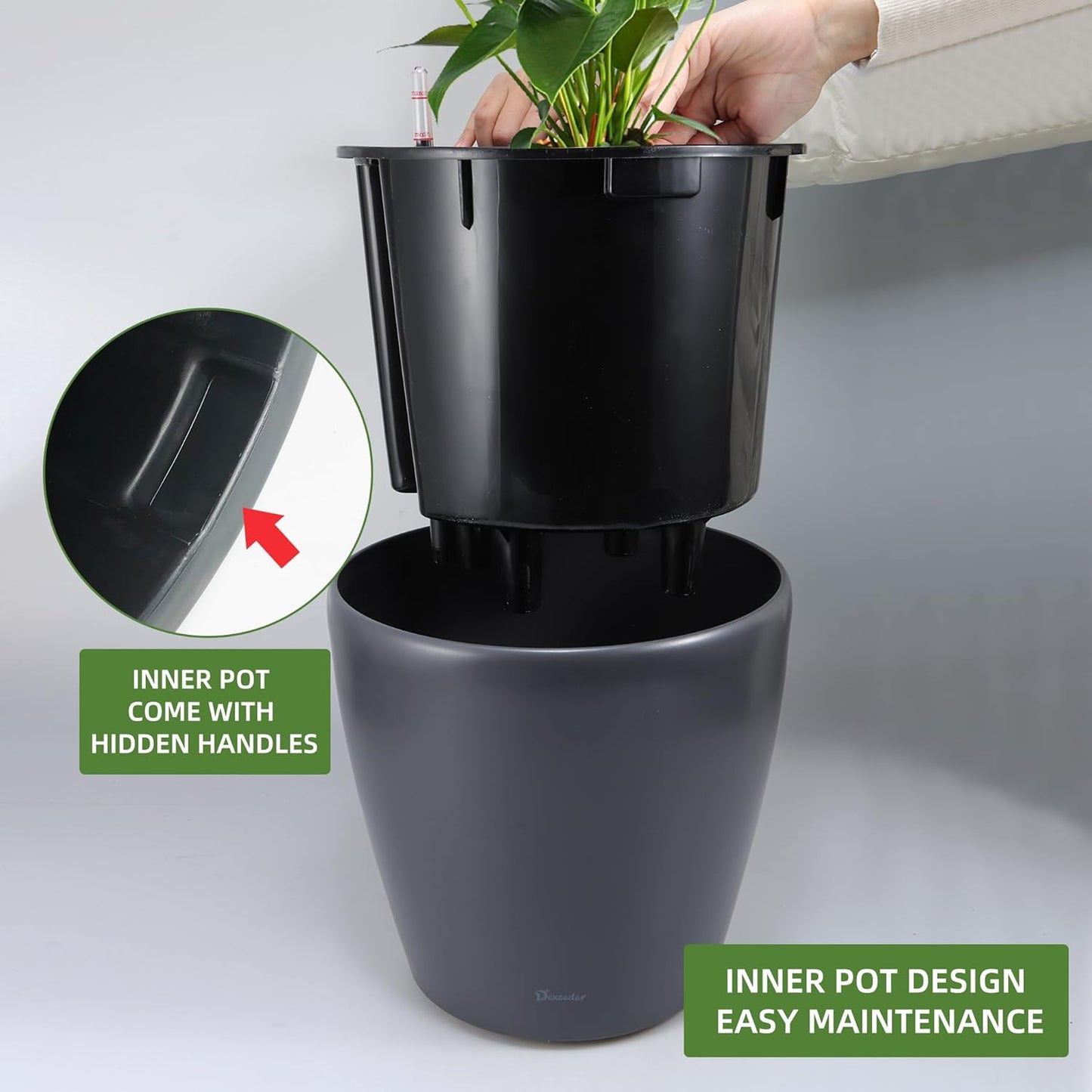Dexceder 13x12 Self Watering Planter with Wheels Indoor Outdoor, Inner Pot Design, Thickened Large Floor Standing Flower Plant Pot with Water Level Indicator (Slate Gray Matte)