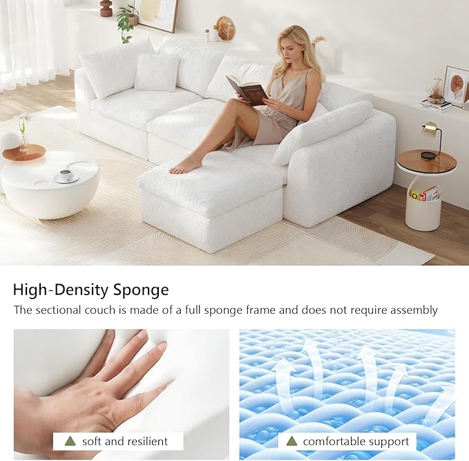 108" Boneless Cloud Couch Modular Sectional Sofa with Deep Seat for Living Room, L Shape Couch with Ottoman, Snowflake Cloth and 40D Memory Sponge，2 Throw Pillows (White, 3 Seater+1 Ottoman)