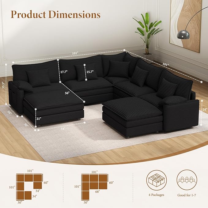 Vesgantti 108" V-Shaped Corner Couch Sectional, 7 Seat Customizable Modular Cloud Couches with Movable Ottoman, Corduroy Deep Seat Sofa Set with Chaise for Living Room, Bedroom and Apartment, Black