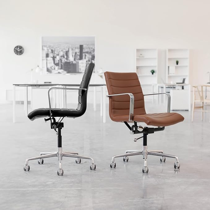 Laura Davidson Furniture SOHO II Ribbed Office Chair - Mid Back Desk Chair, Ergonomically Designed with Arm Rest & Swivel, Made of Faux Leather, Orange, Computer Chair