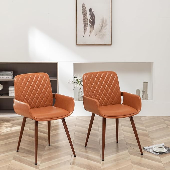 LUNLING Mid Century Modern Faux Leather Dining Room Chairs,Upholstered Seat Metal Legs Chairs Orange Faux Leather Kitchen Chair Reception Room Chair,1PCS