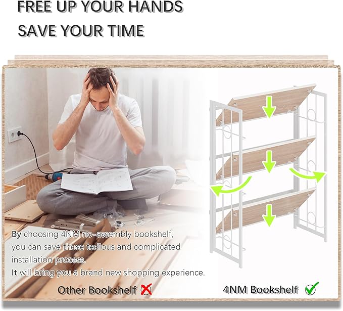 4NM No Assembly 3 Tiers Folding Bookshelf, 35" H Foldable Storage Shelves Vintage Bookcase Standing Racks Study Organizer Home Office - Natural White