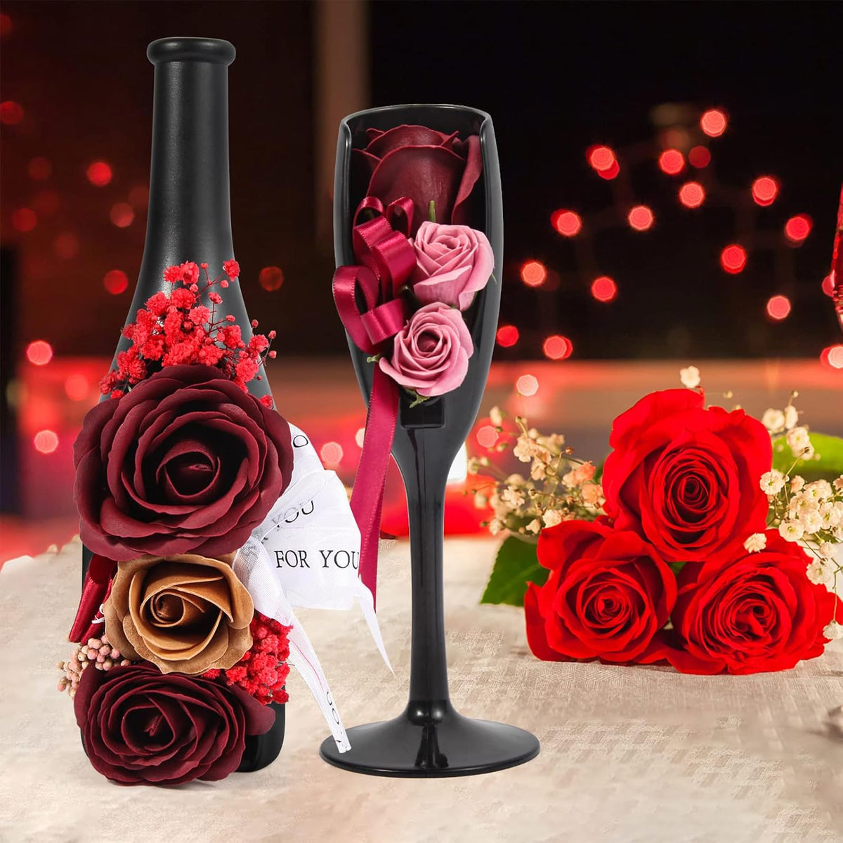 Valentines Day Gift Red Rose Fake Flowers Wine Bottle Vase Rose Glass Artificial Flowers for Home Table Decor Office Decoration Preserved Rose Flowers For Her Womens Valentines Decoration Set of 2