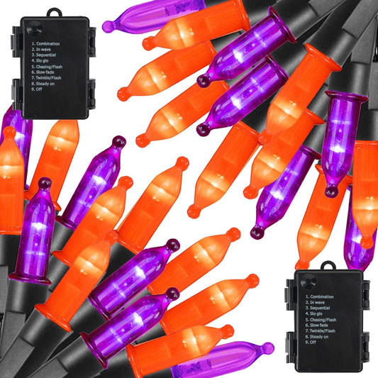 Dazzle Bright Purple and Orange Halloween Lights Battery Operated, 2 Pack Total 100LED 32FT Waterproof Mini String Lights with 8 Modes, Halloween Decorations for Outdoor Indoor Garden Yard Party